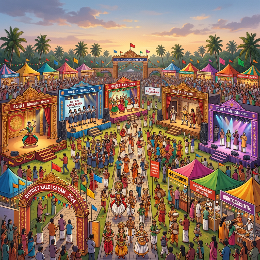 Colorful festival grounds with stages for Bharatanatyam, group song, folk dance, drama, Mappila Pattu, and stalls with crowds